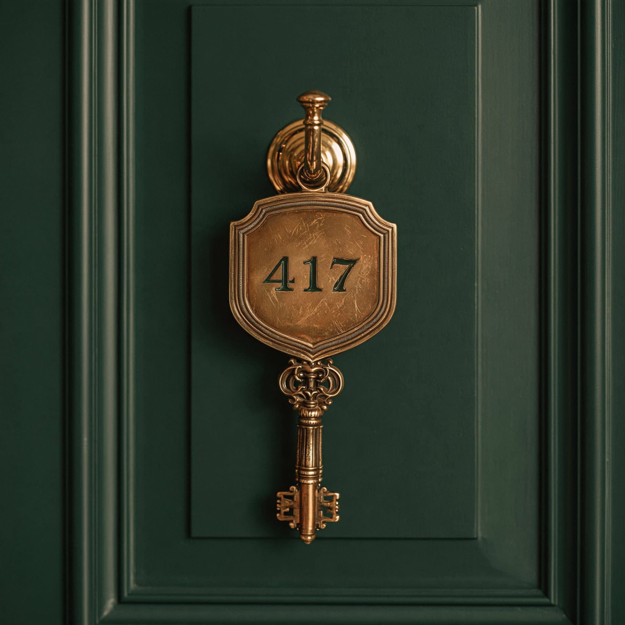 Common Brass House Key number 417 mounted on a deep green hotel door